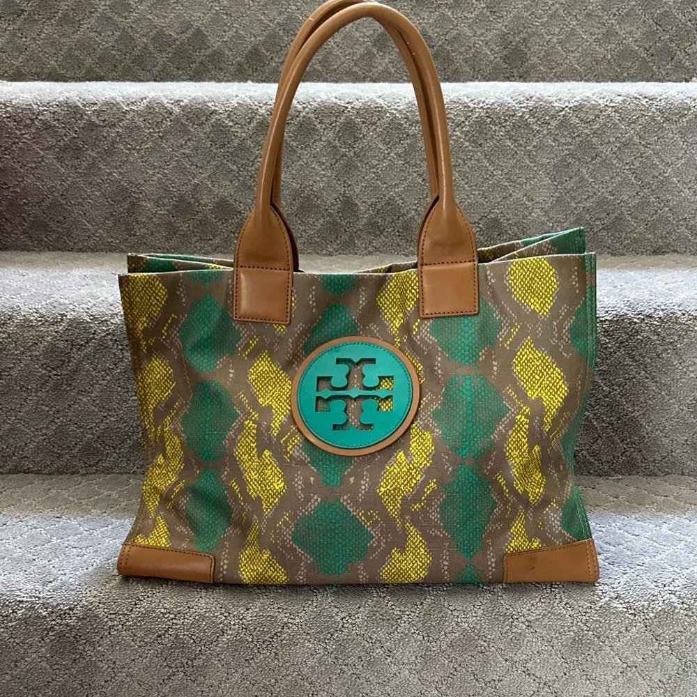 EUC Tory Burch Lime and Teal Snakeskin-Print Vegan Leather Tote Bag